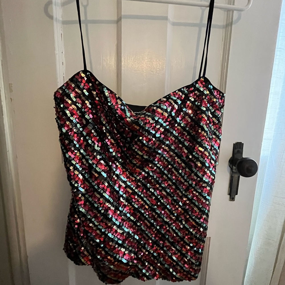 MILLY Rainbow Sequin Cami Tank Top Blouse Shirt Black Pink Green Red Stripe Sz 2